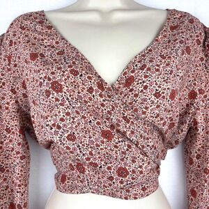 Sadie & Sage Wrap Crop Top Boho Long Sleeve Autumn Floral Ties Womens Sz L